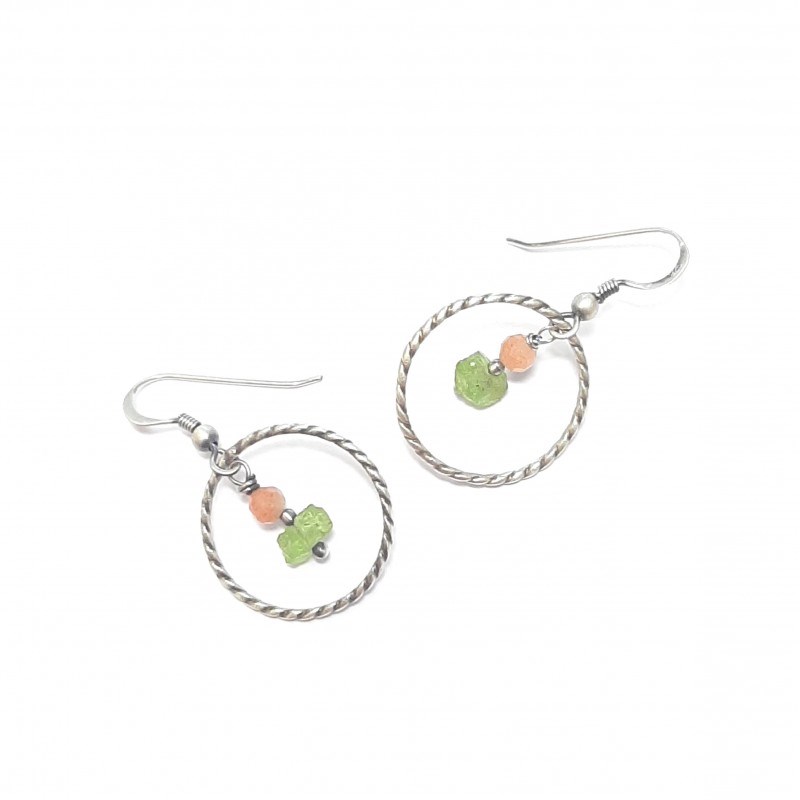 Boucles d'Oreilles Ethniques Pierre de Soleil et Péridot Argent 925