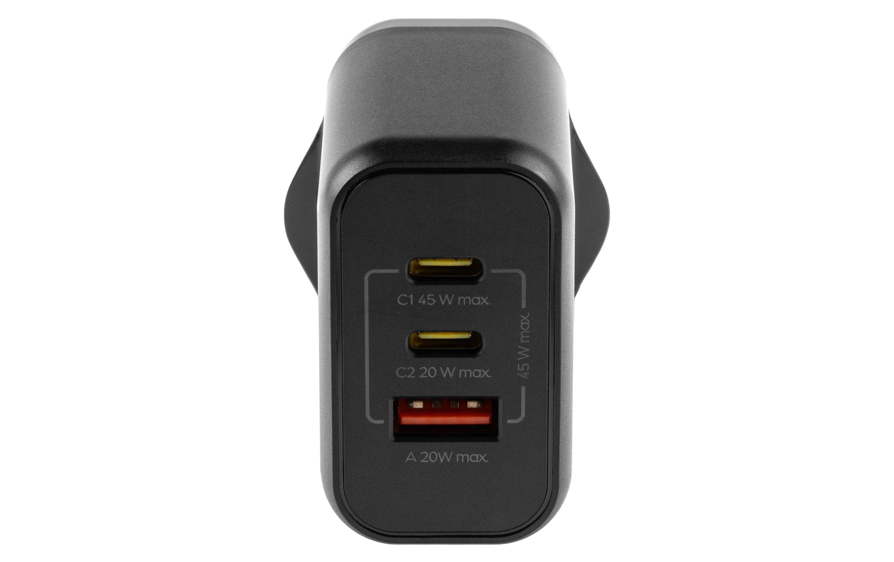 USB-Wandladegerät Triple 2C1A 45 W GaN SchwarzLadeadapter mit zwei USB-C-Ports und einem USB-A-Port