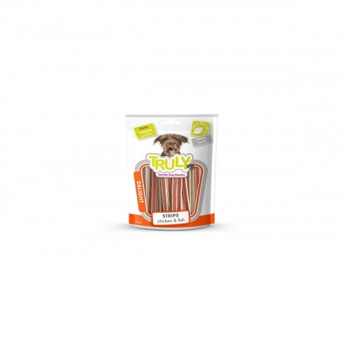 Tiras de petisco Truly Delight com sabor de frango e peixe para cães.