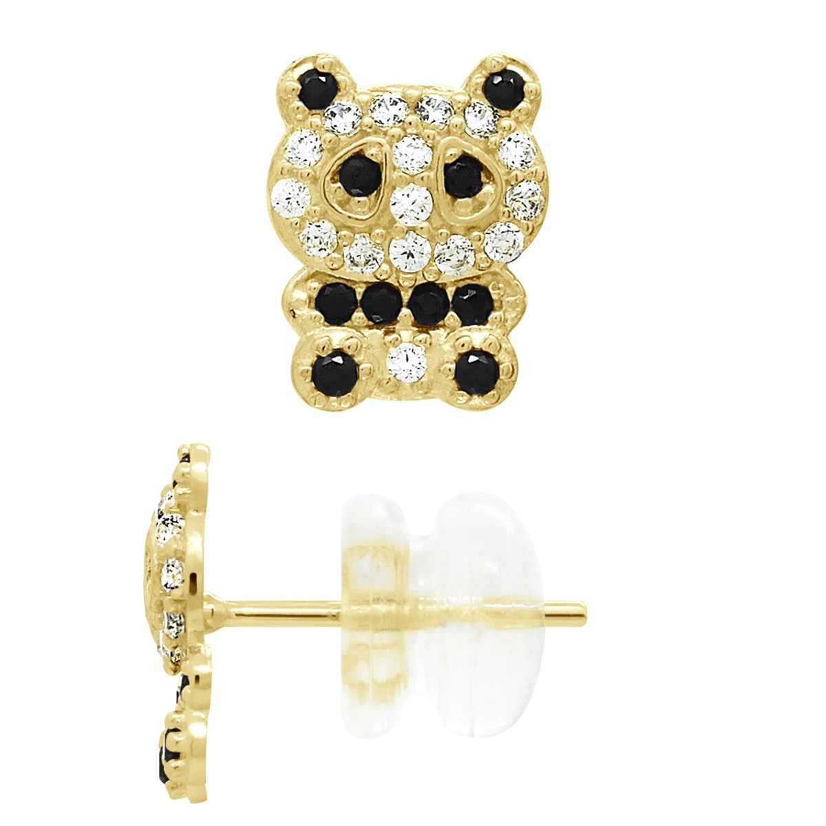 Boucles d'Oreilles Fantaisie - Panda - Serties d'Oxydes de Zirconium Blancs et Noirs - Or Jaune