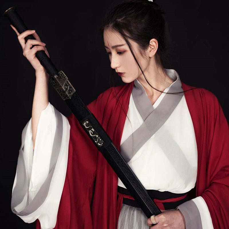 Francoix - Hanfu Set van 3: Rode lange jas met lange mouwen + top met kruiskraag en lange mouwen + halflange maxi-rok