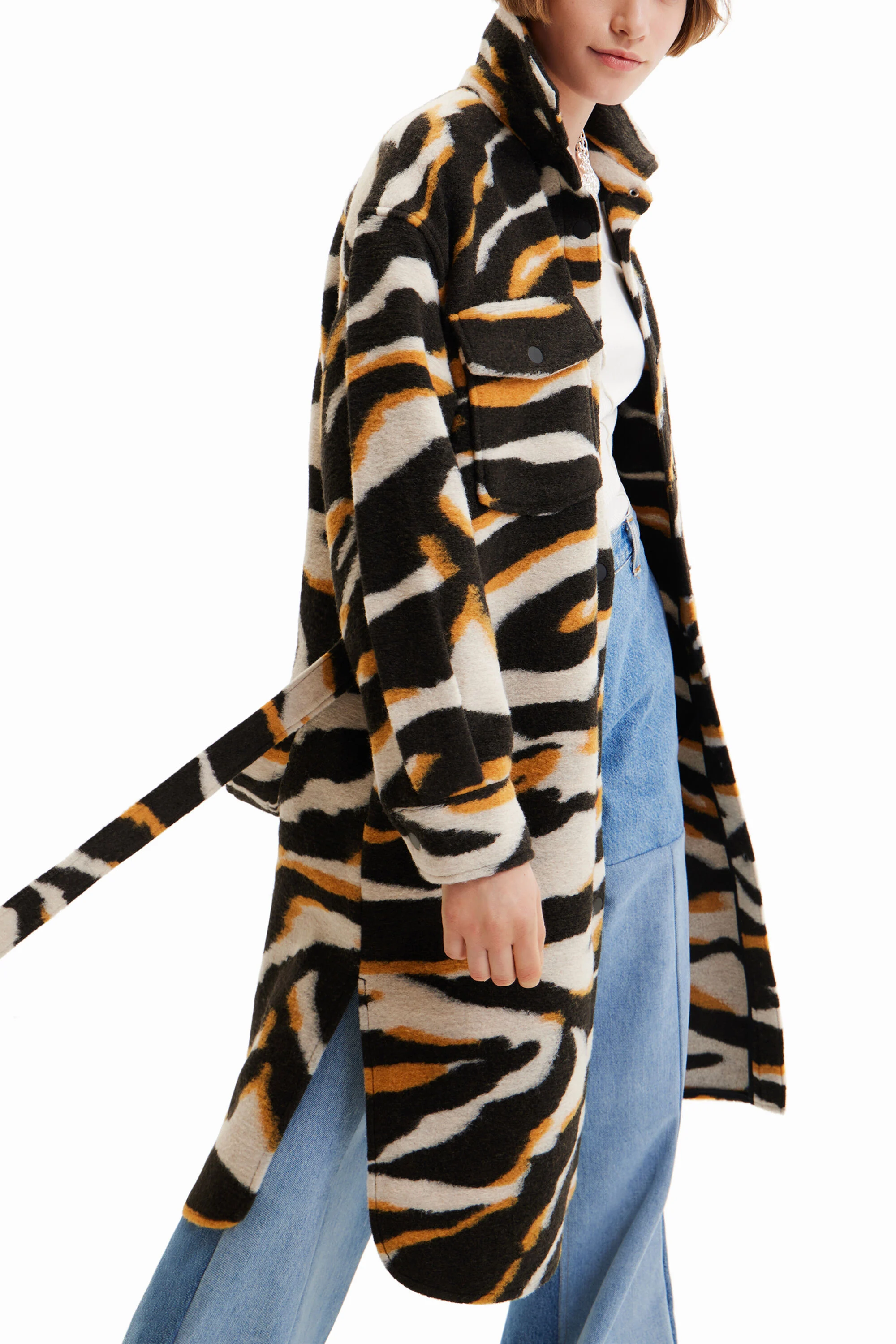 Casaco comprido com sobrecamisa de estampa de zebra