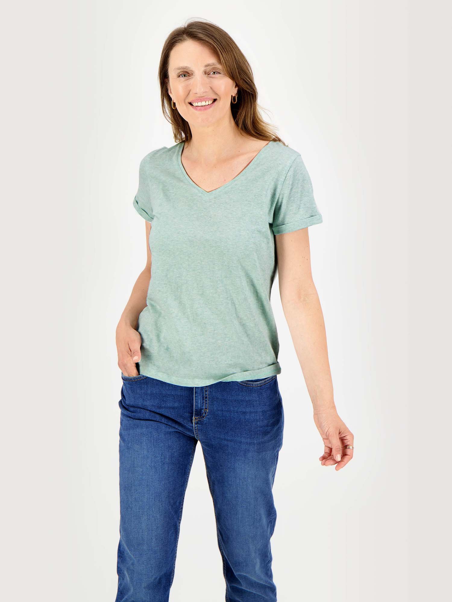 Tee-Shirt Femme Col V Jersey Coton Vert Clair