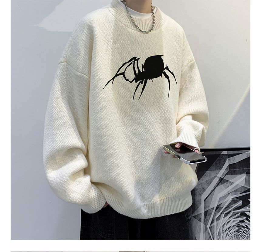 POSI - Oversized trui met ronde hals en spinnenprint