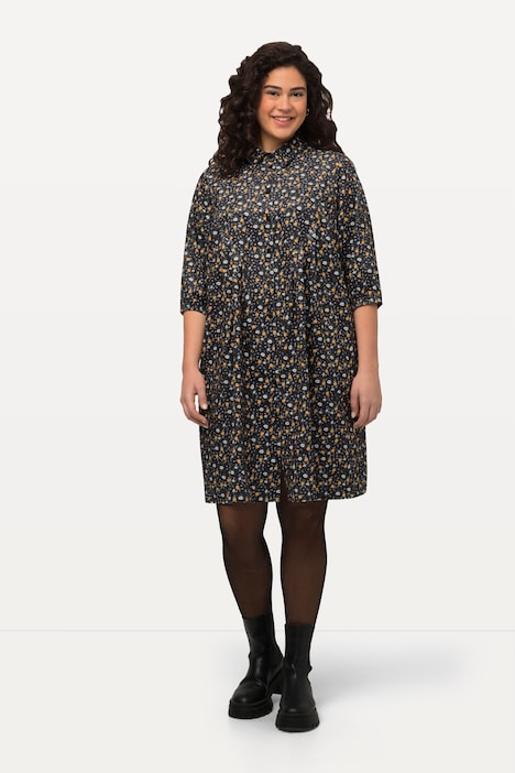 Cordkleid, Blüten, A-Linie, Hemdkragen, 3/4-Arm