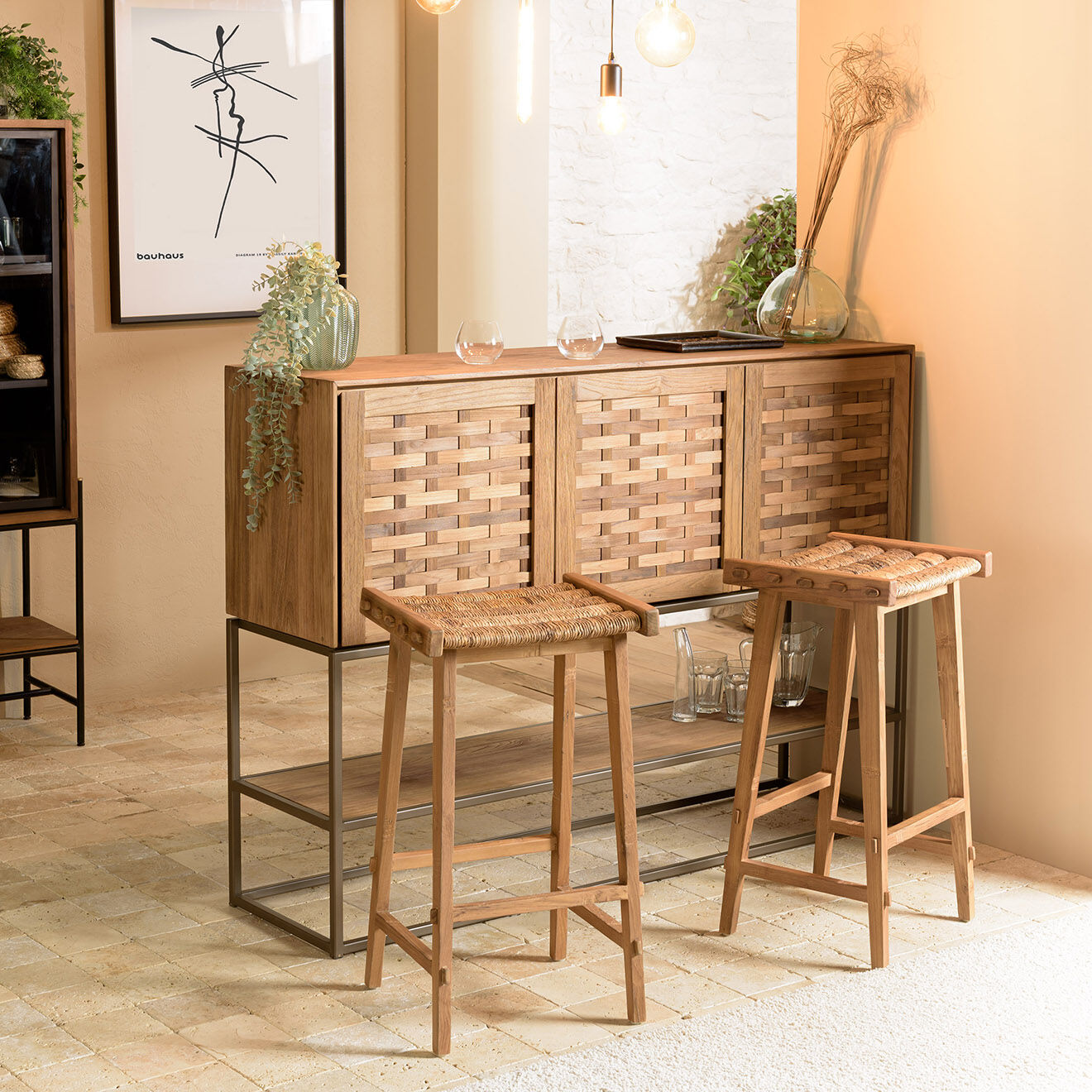 Macabane Tabouret haut assise en tissage naturel Sixtine bois - 45x36x75 cm