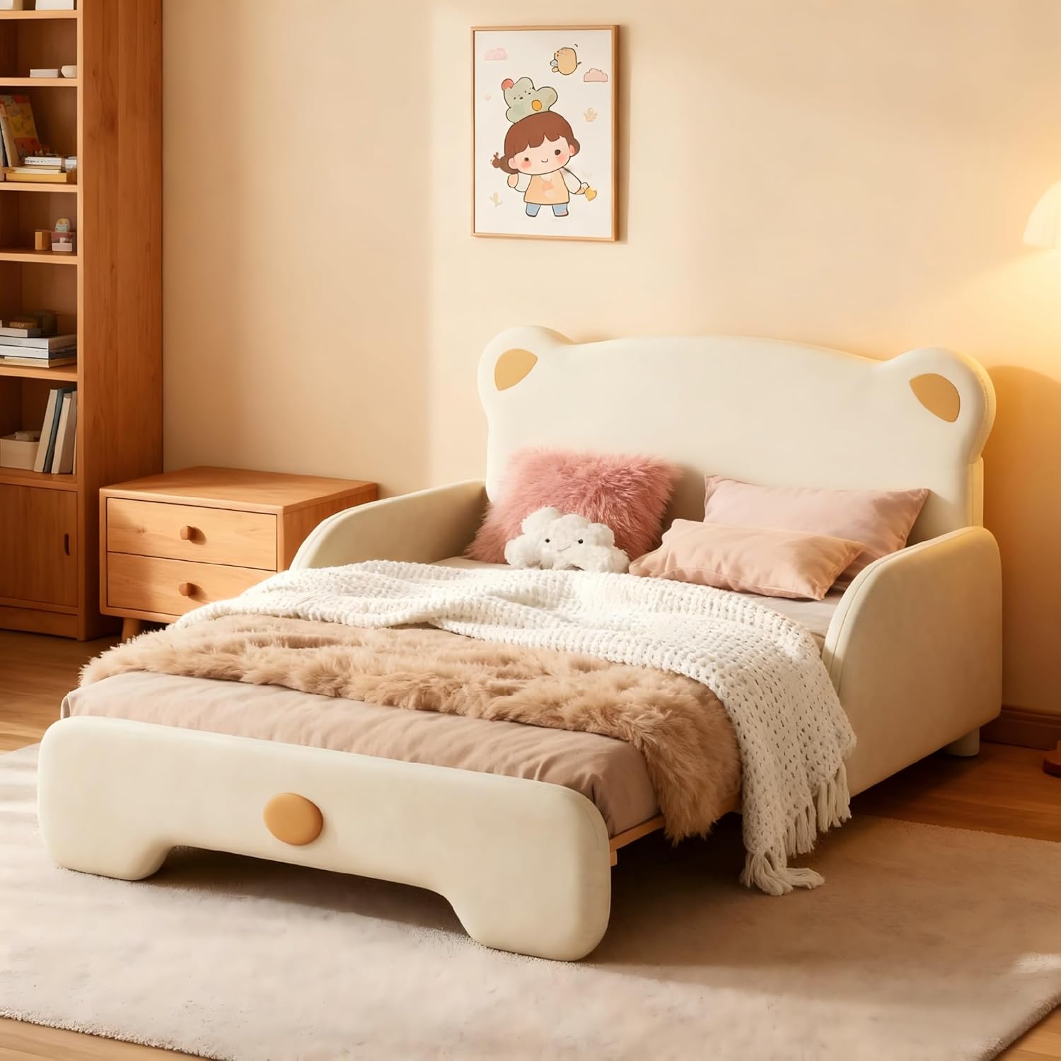 Soweiz Doppelbett in Bärenform, Polsterbett, Kinderbett, Tagesbett, Ausziehbett, mit weichen Schutzkanten, mit Holzlatten, Samt, Beige (140x110cm&140x200cm) (Beige (Ohne Matratze))