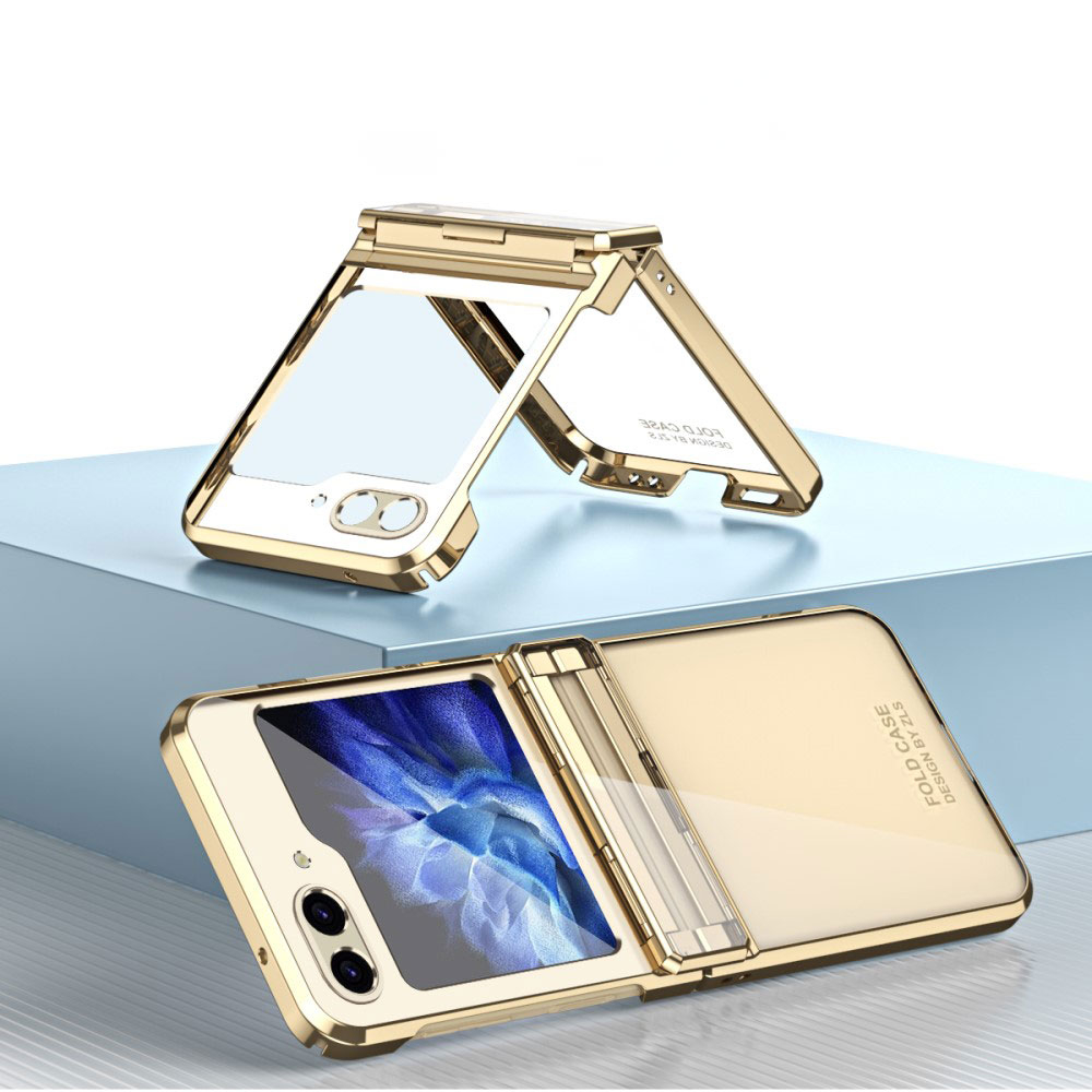 Samsung Galaxy Z Flip7 FE / Z Flip6 Hybrid Hardcase Hülle Galvanisierter Rahmen   Scharnier Design - Gold / Transparent