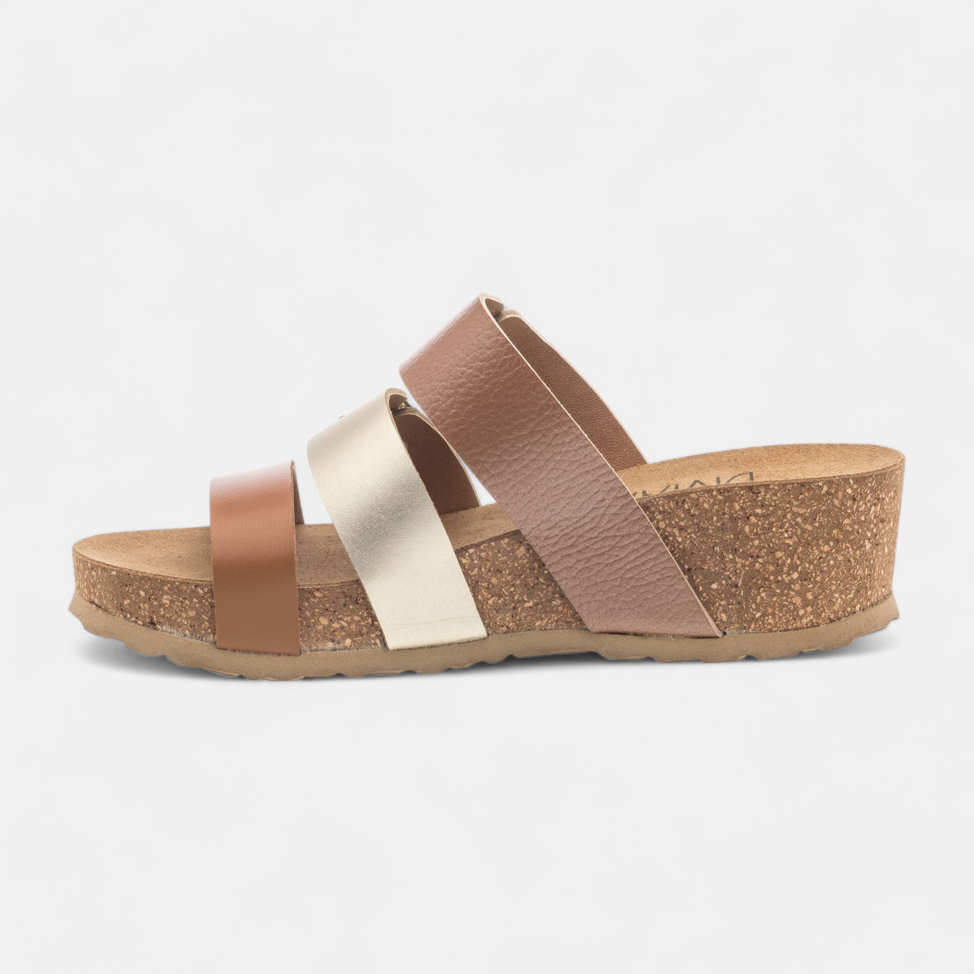Mules semelle liège à talon compensé Femme en cuir cognac