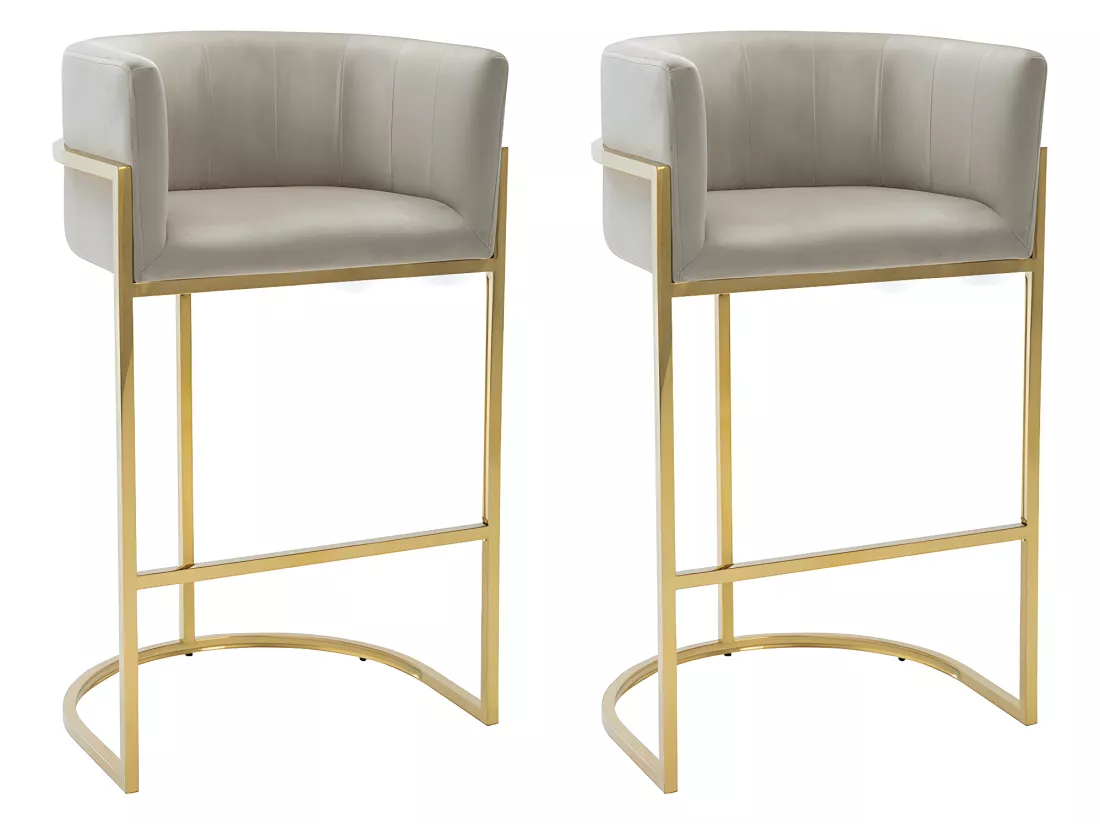 Lot de 2 tabourets de bar en velours et acier inoxydable - Beige et doré - PERIA de Pascal MORABITO