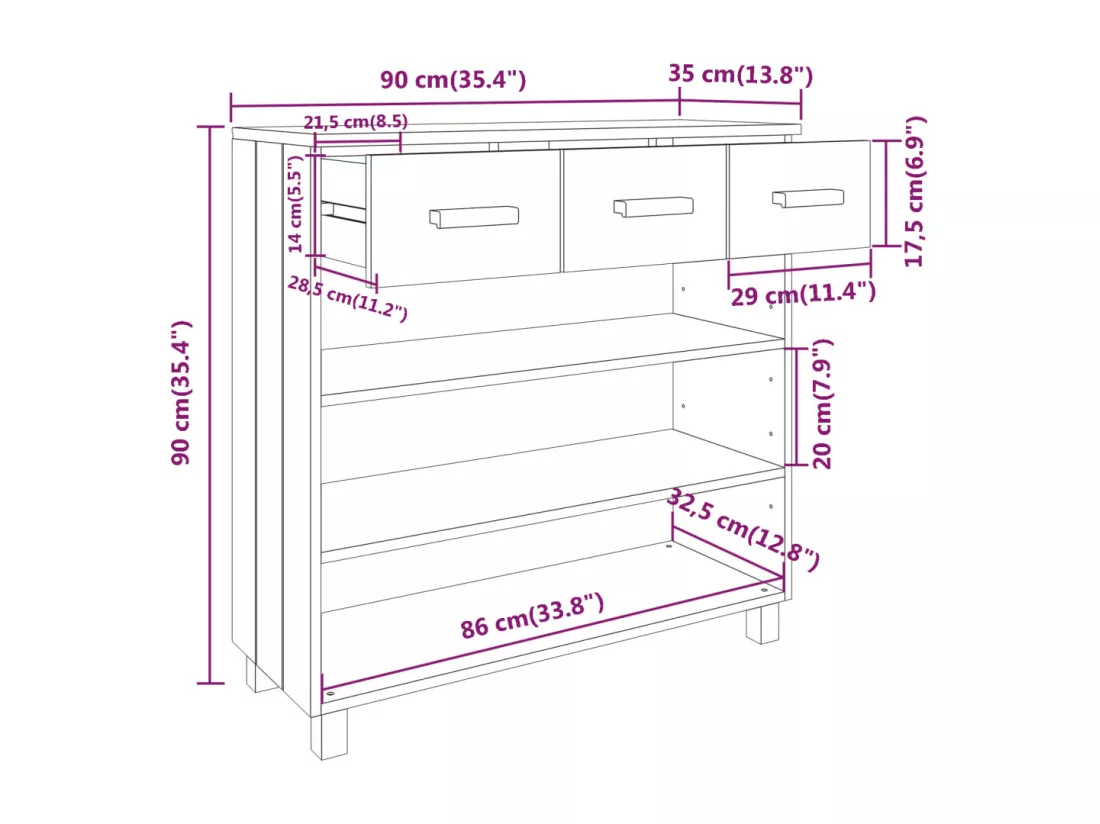 Table console HAMAR Blanc 90x35x90 cm Bois massif de pin