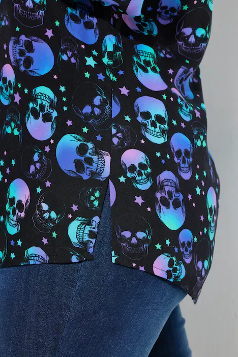 Bluse, A-Linie, Totenköpfe, Langarm, schwarz