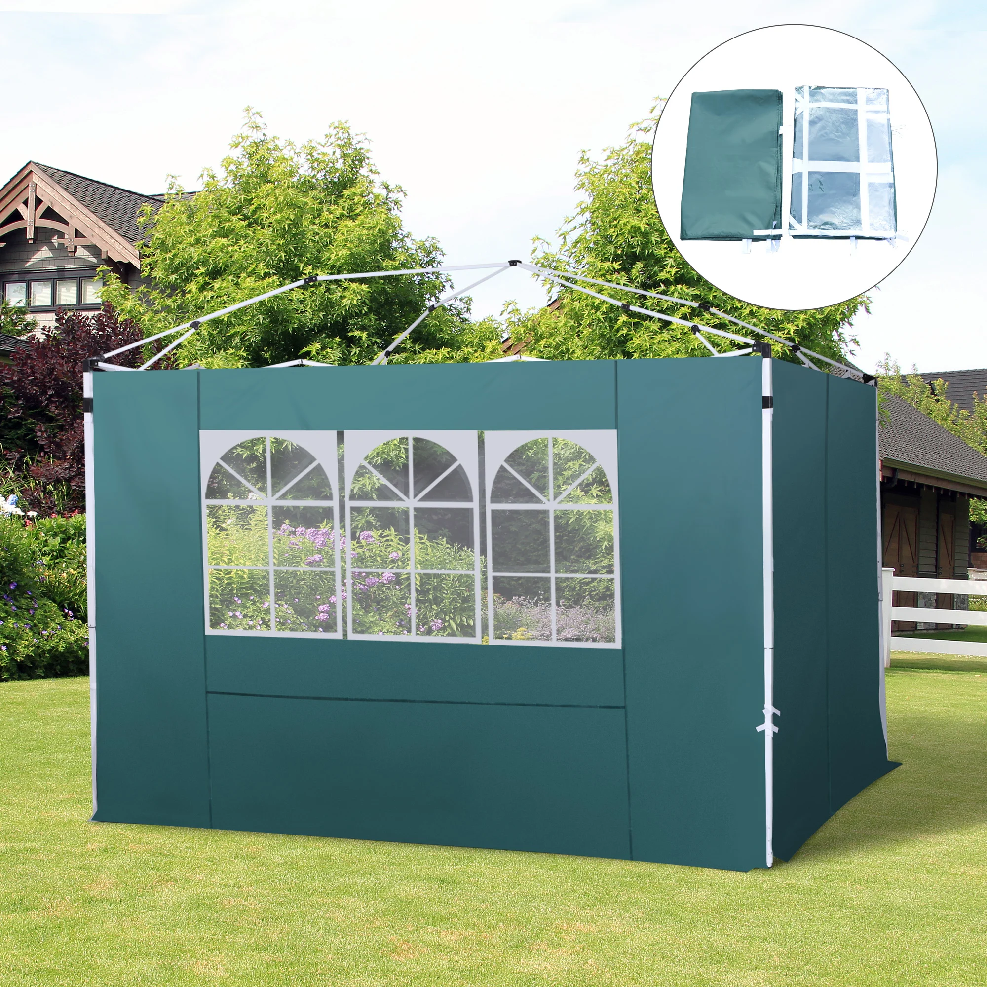 Outsunny 2 Paredes Laterais para Gazebo 3x3m, Tecido Oxford com Janela, 300x200cm, Verde Escuro