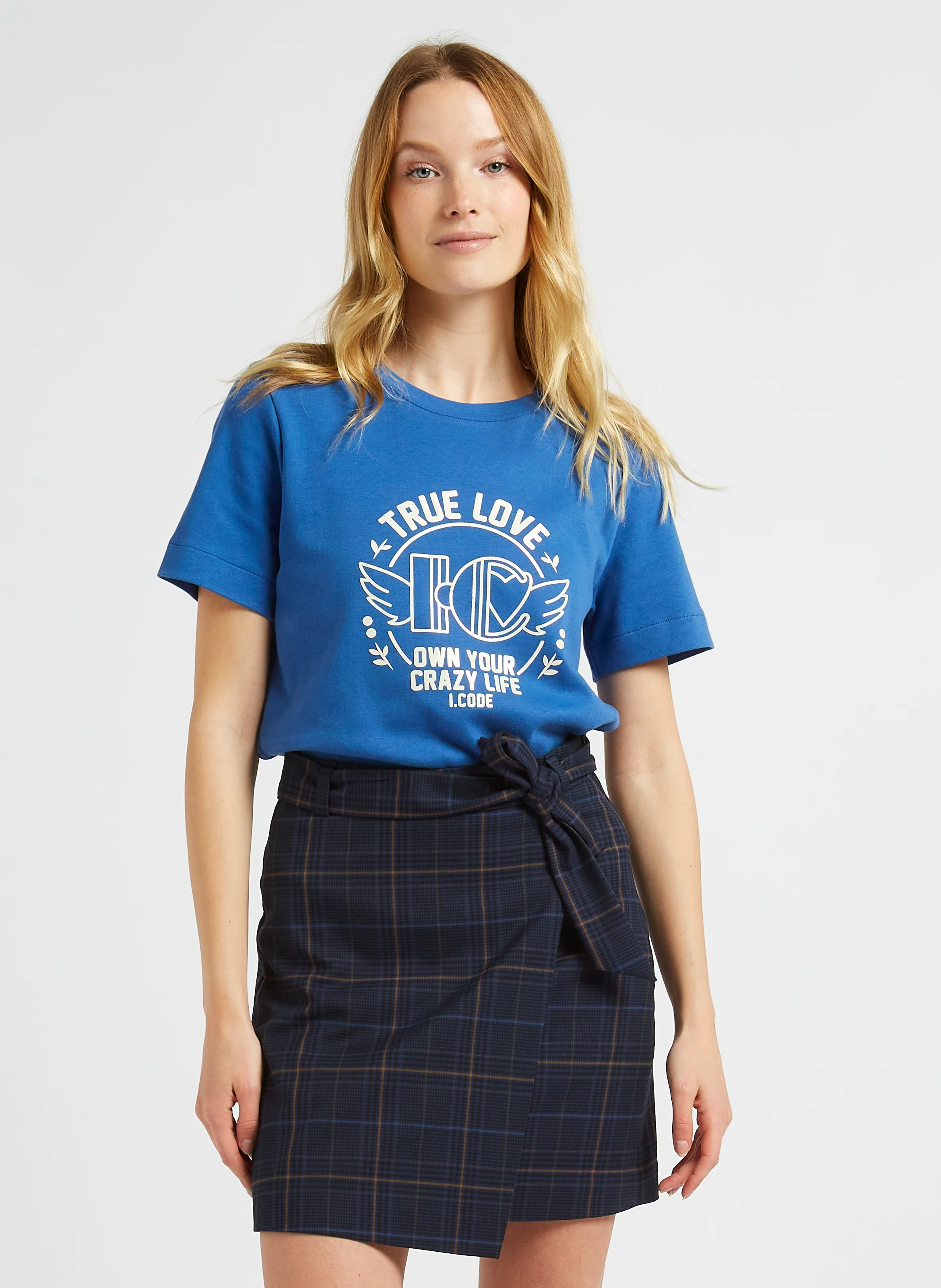 Tee-shirt droit col rond sérigraphié en coton | Bleu