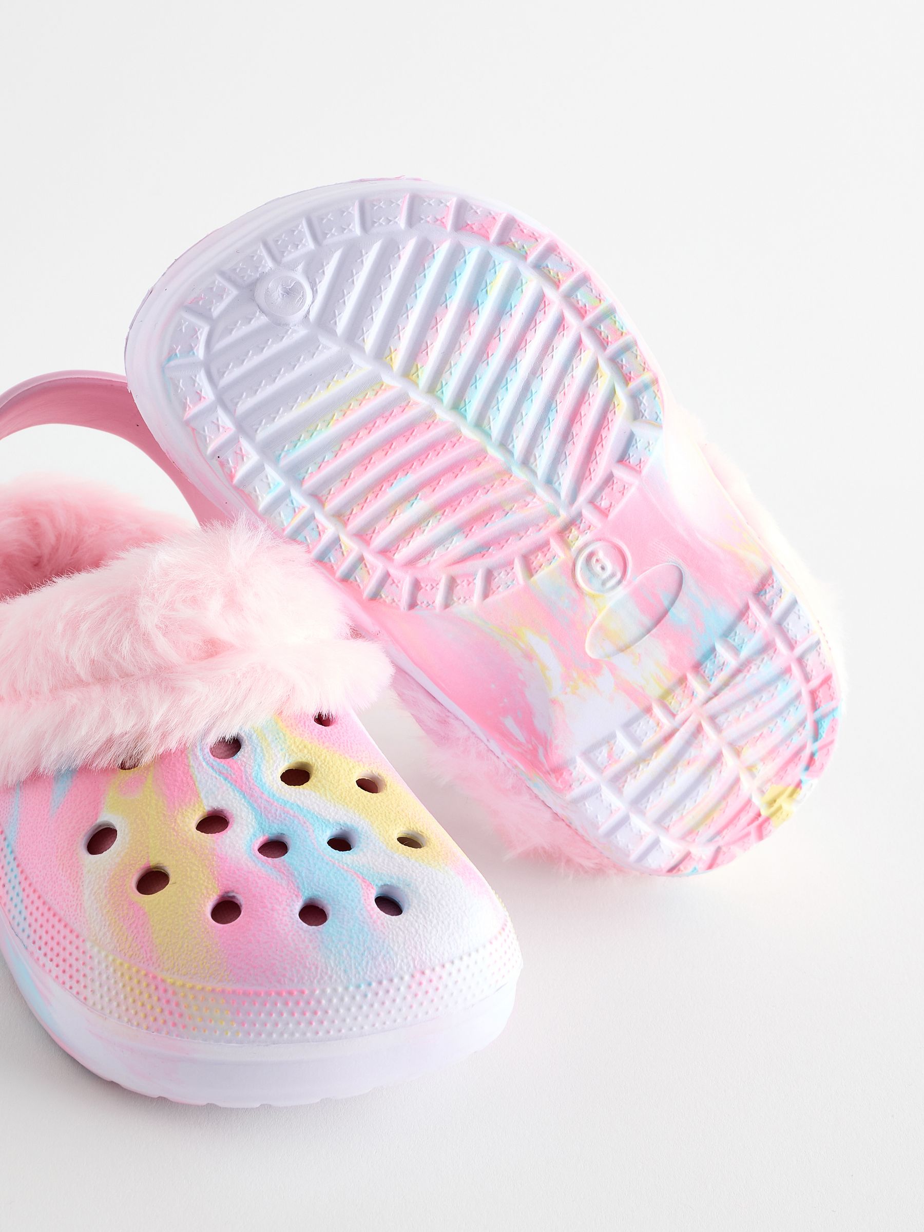 Roze met gemarmerde print - Pantoffelklompen met voering van imitatiebont