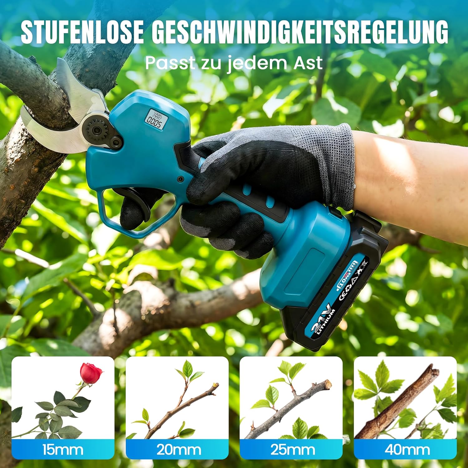 2 in 1 Akku Astschere Teleskop, 40mm Elektrische Gartenschere Professionelle mit 2M Teleskopstange, 2x2000mAh Batterien, Arbeitsreichweite 4M, für Garten Äste Obstgärten