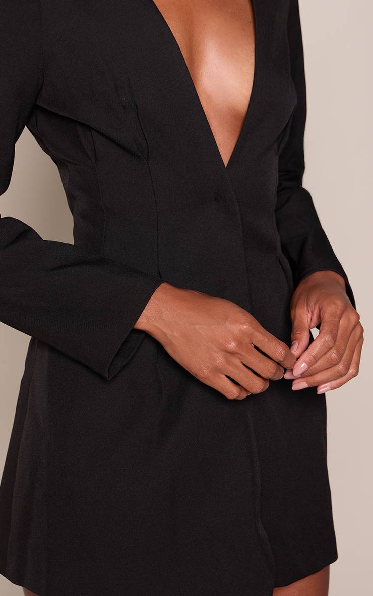 Noir Robe Blazer Droite Plissée En Tissu Tissé