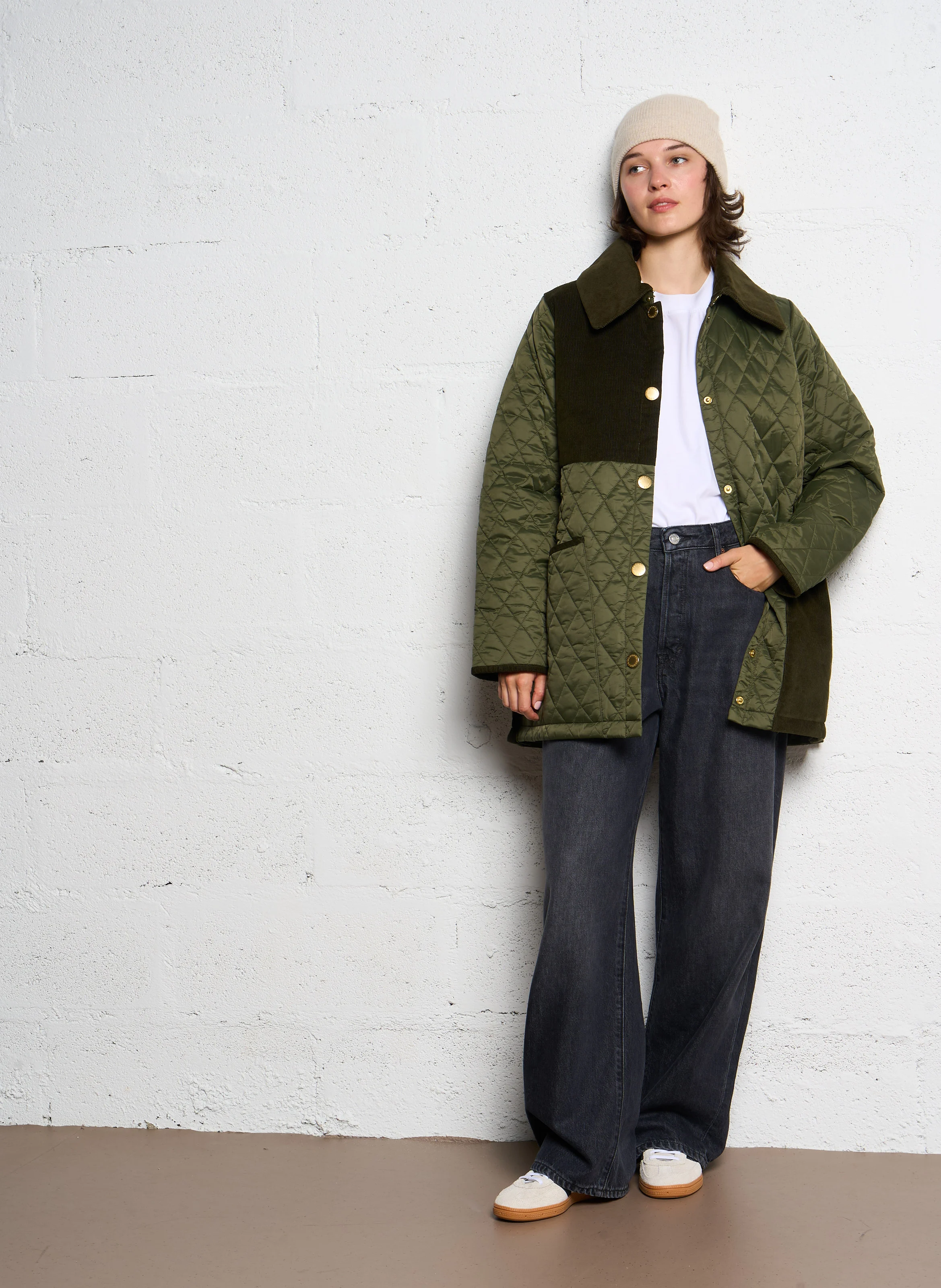 REETH - Manteau col classique droit bi-matière | Kaki