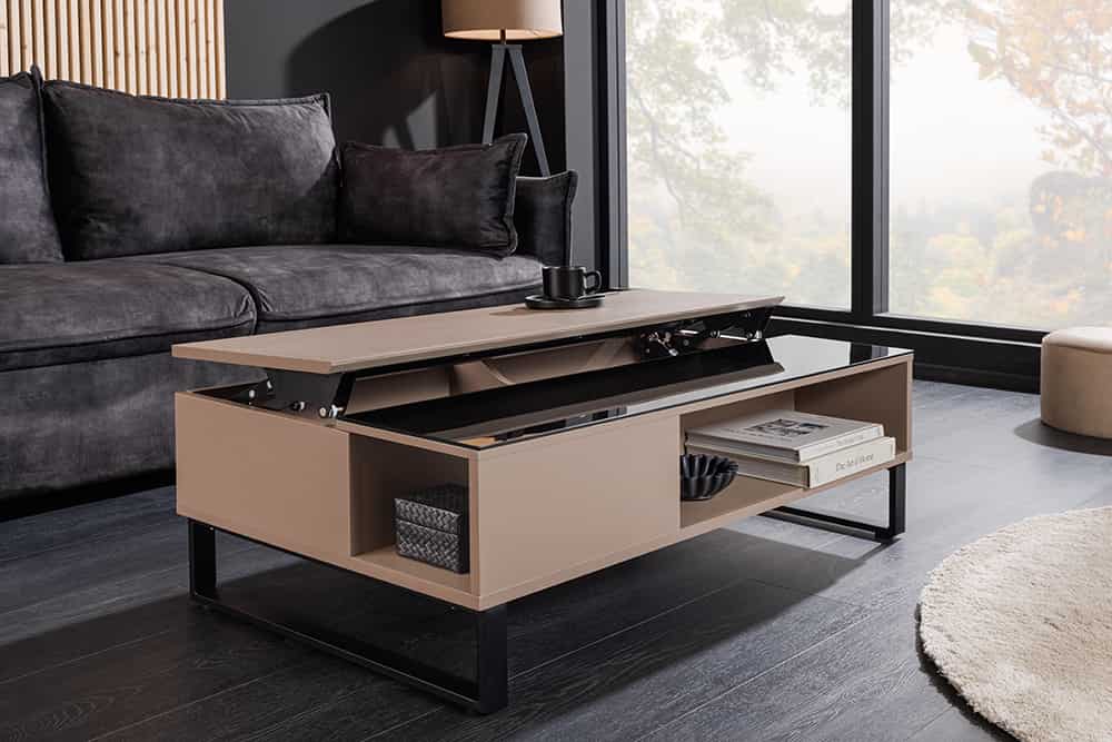 Höhenverstellbarer Couchtisch APARTMENT 110cm taupe greige schwarz Metall Stauraum