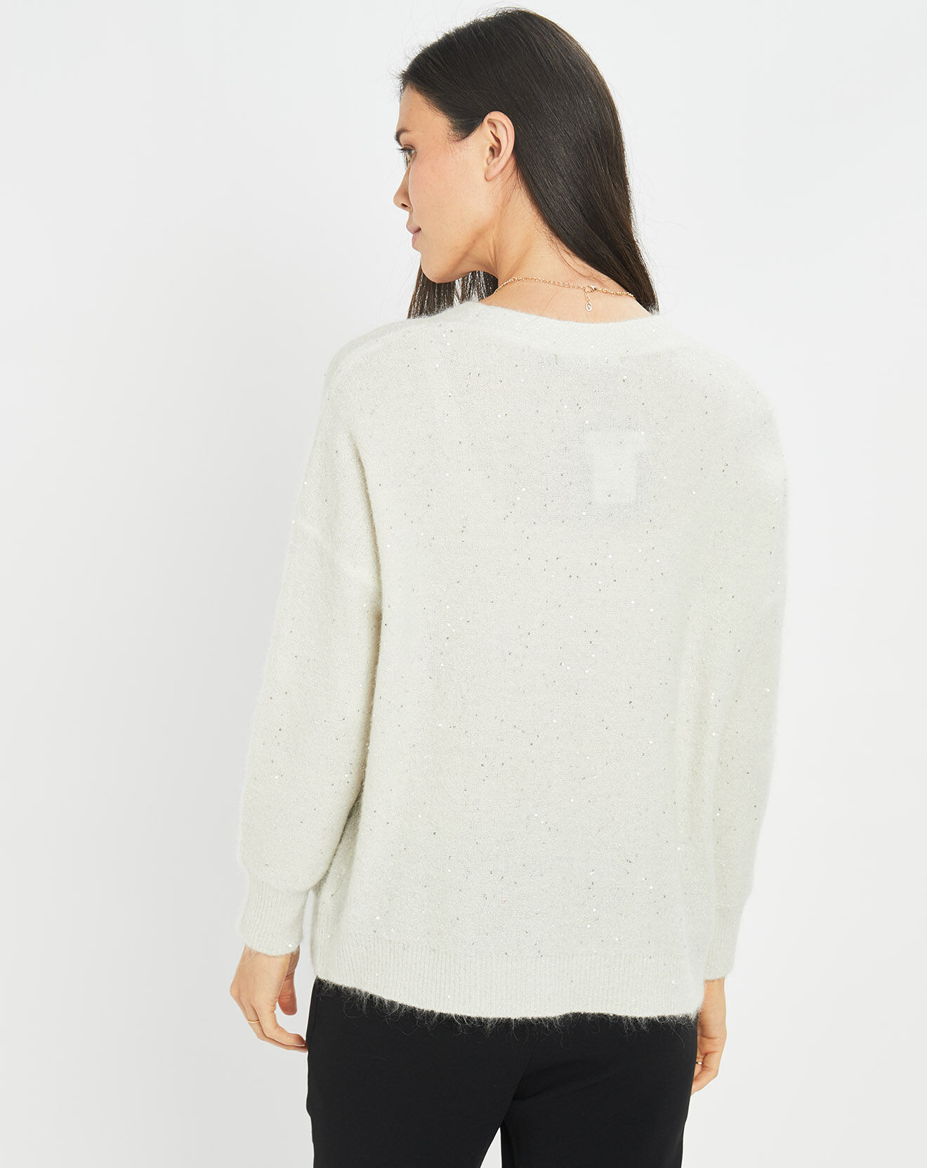 Lauren Vidal Cardigan en Laine & Mohair mélangés Basal à sequins blanc perle