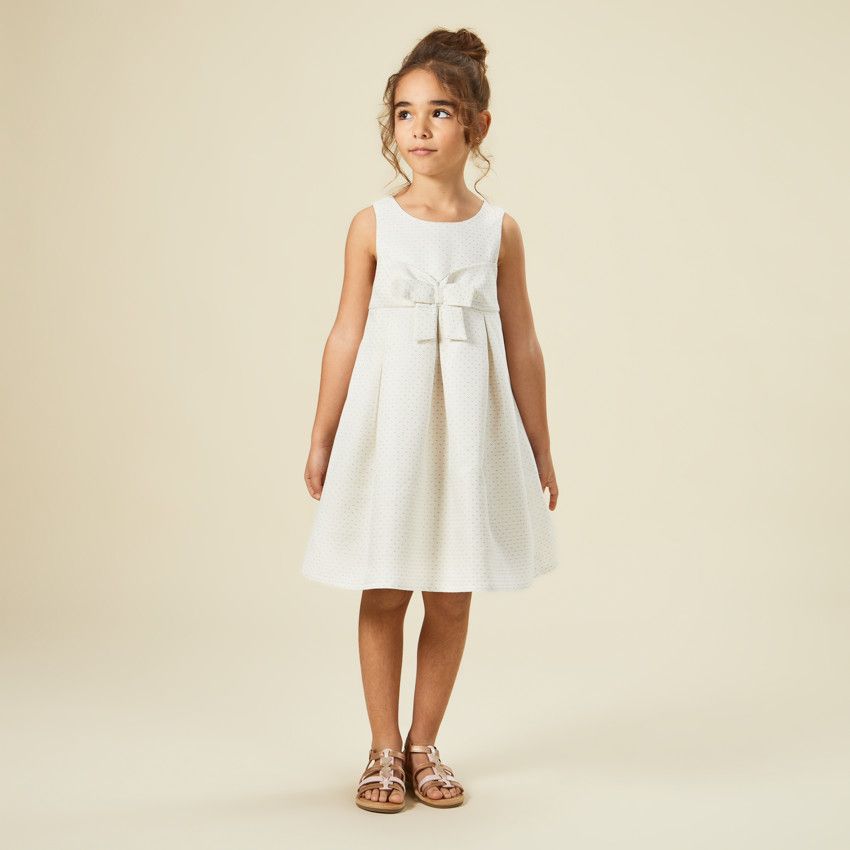 Robe de cérémonie en jacquard avec nœud pour fille - Ecru