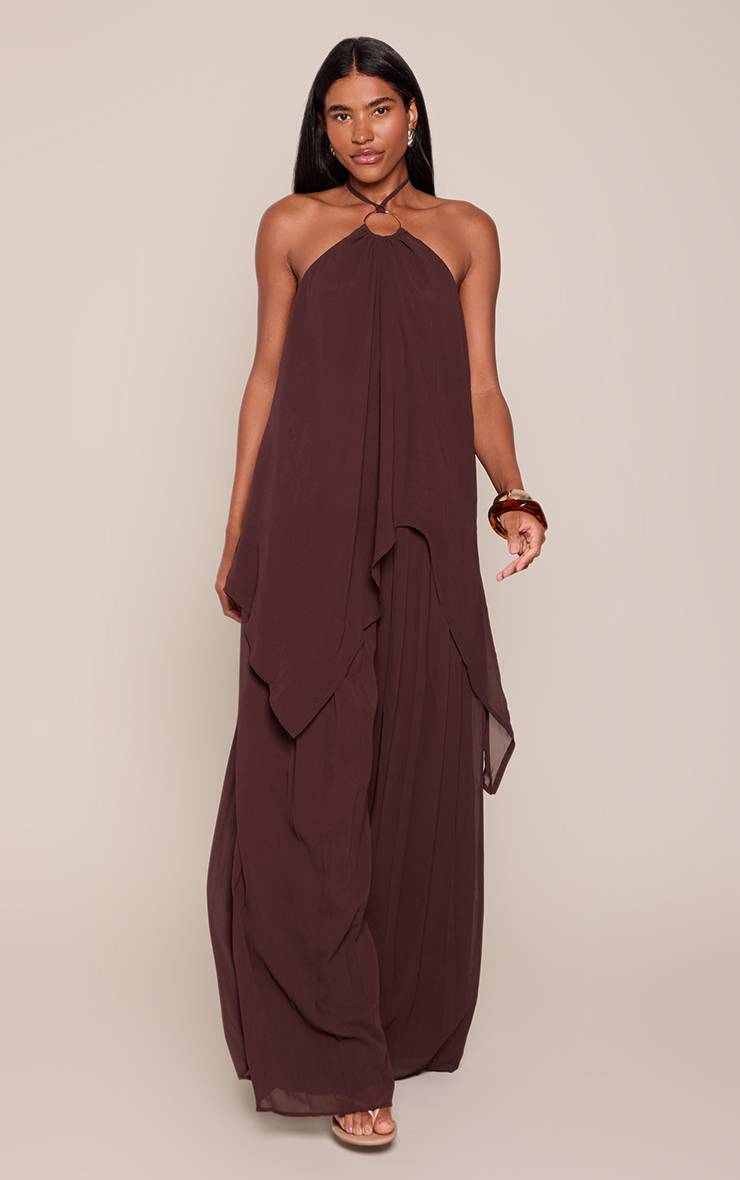Chocolat Pantalon Plissé Fluide Ensemble Coordonné