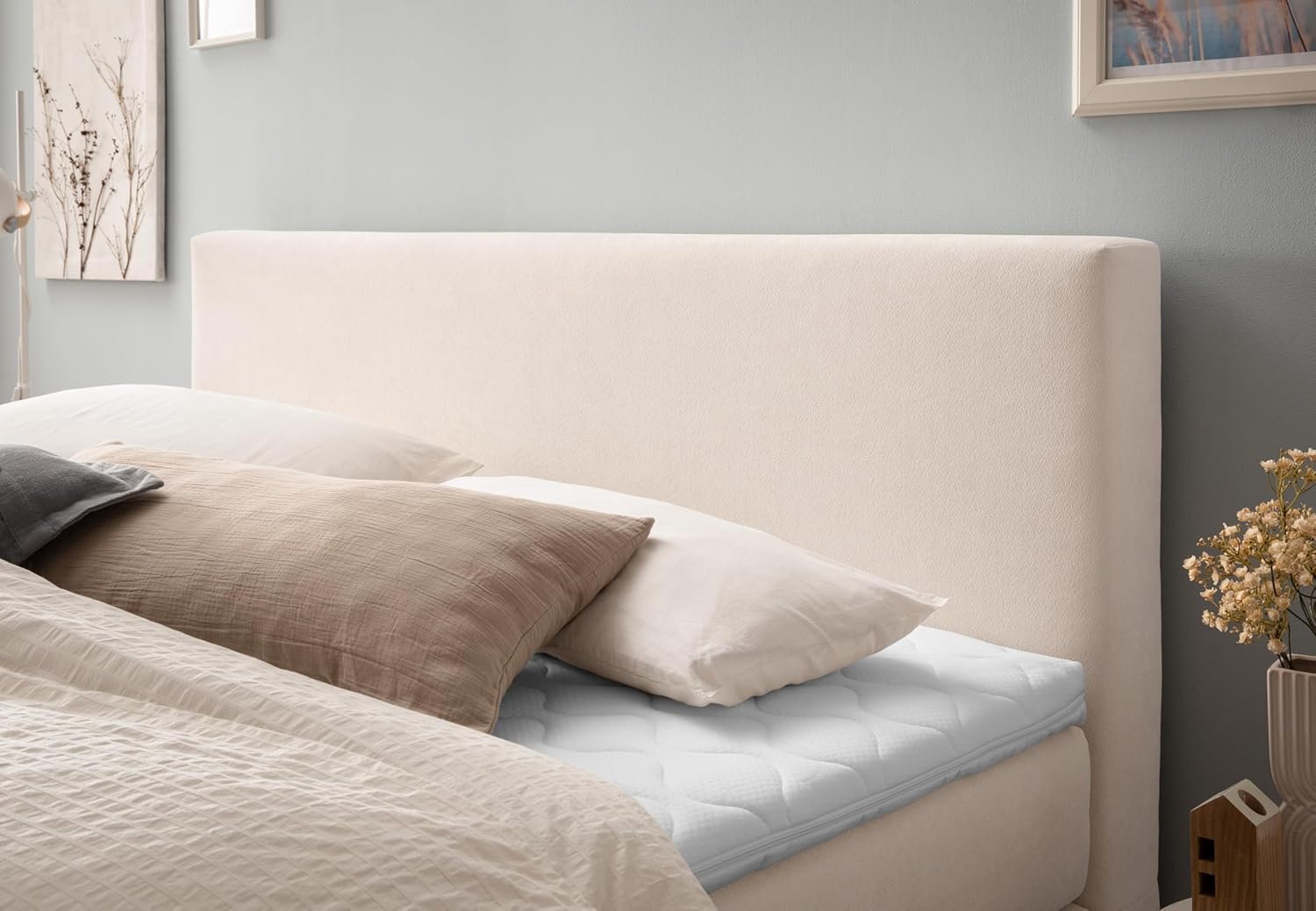 Belanoti Loft Boxspringbett 160x200 mit Bettkasten 7-Zonen Taschenfederkern Matratze inklusive Visco Topper Bett 160x200 in der Farbe Beige H2 und H3 Polsterbett mit Stauraum
