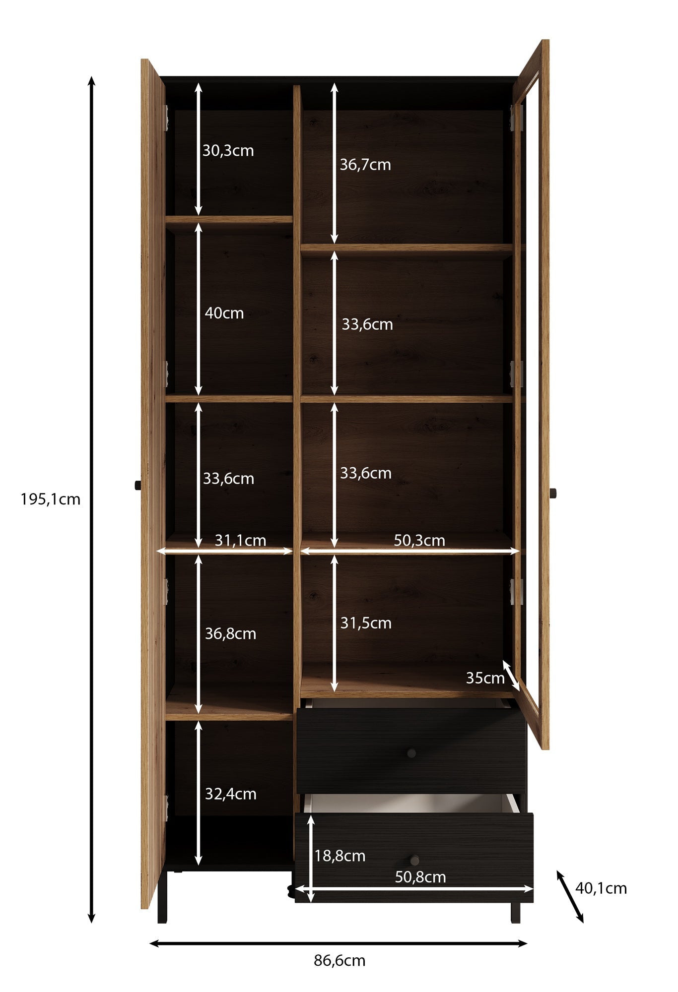 Meubella - Vitrinekast Charles 2 - Eiken - 87 cm