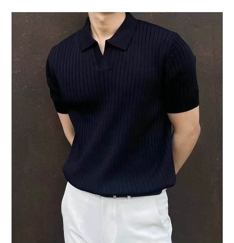 Double White - Poloshirt met korte mouwen en V-hals, effen geribbeld breisel