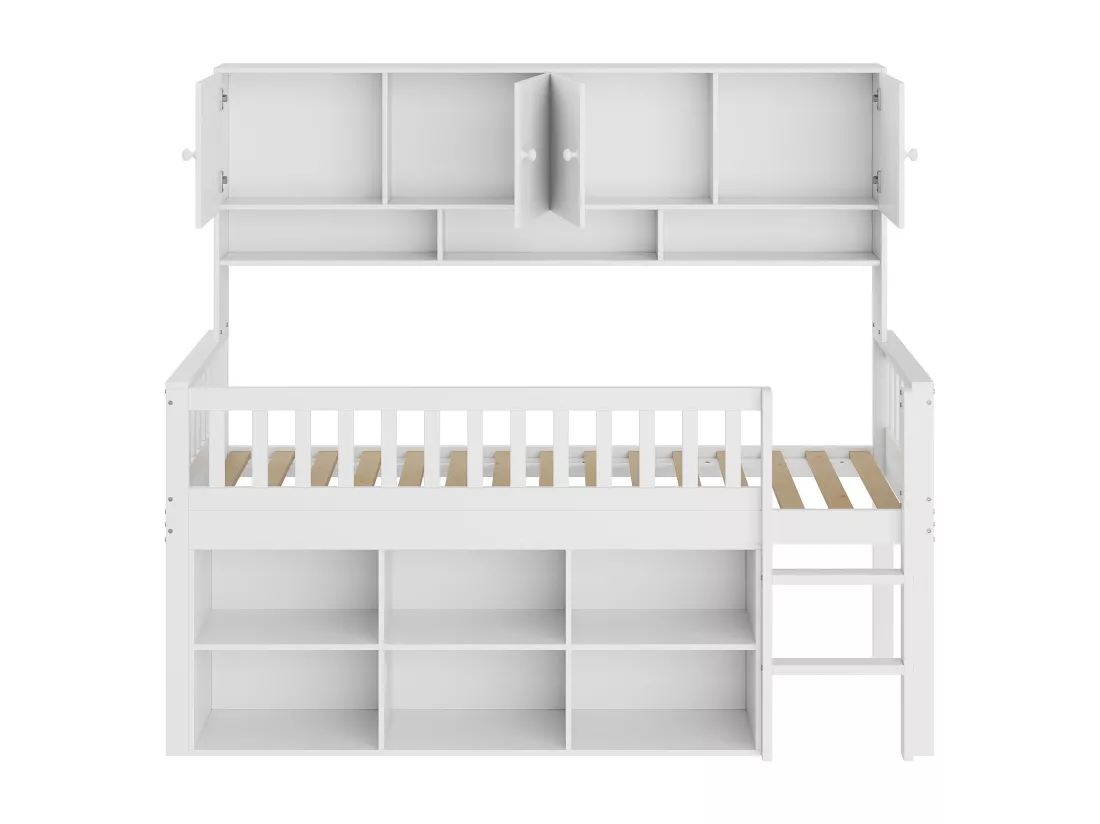 Lit enfant en bois 90x200cm - avec compartiments de rangement - Blanc