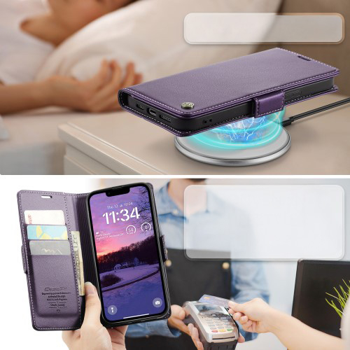 iPhone 16e Leder Tasche Flip Wallet Etui mit Kartenfächern Litchi Look (RFID Schutz) - Lila