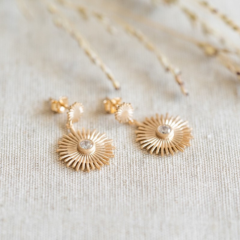 Boucles d'Oreilles Pendantes Plaqué Or Rayons Soleil Pierre Precieuse Strass Zirconium