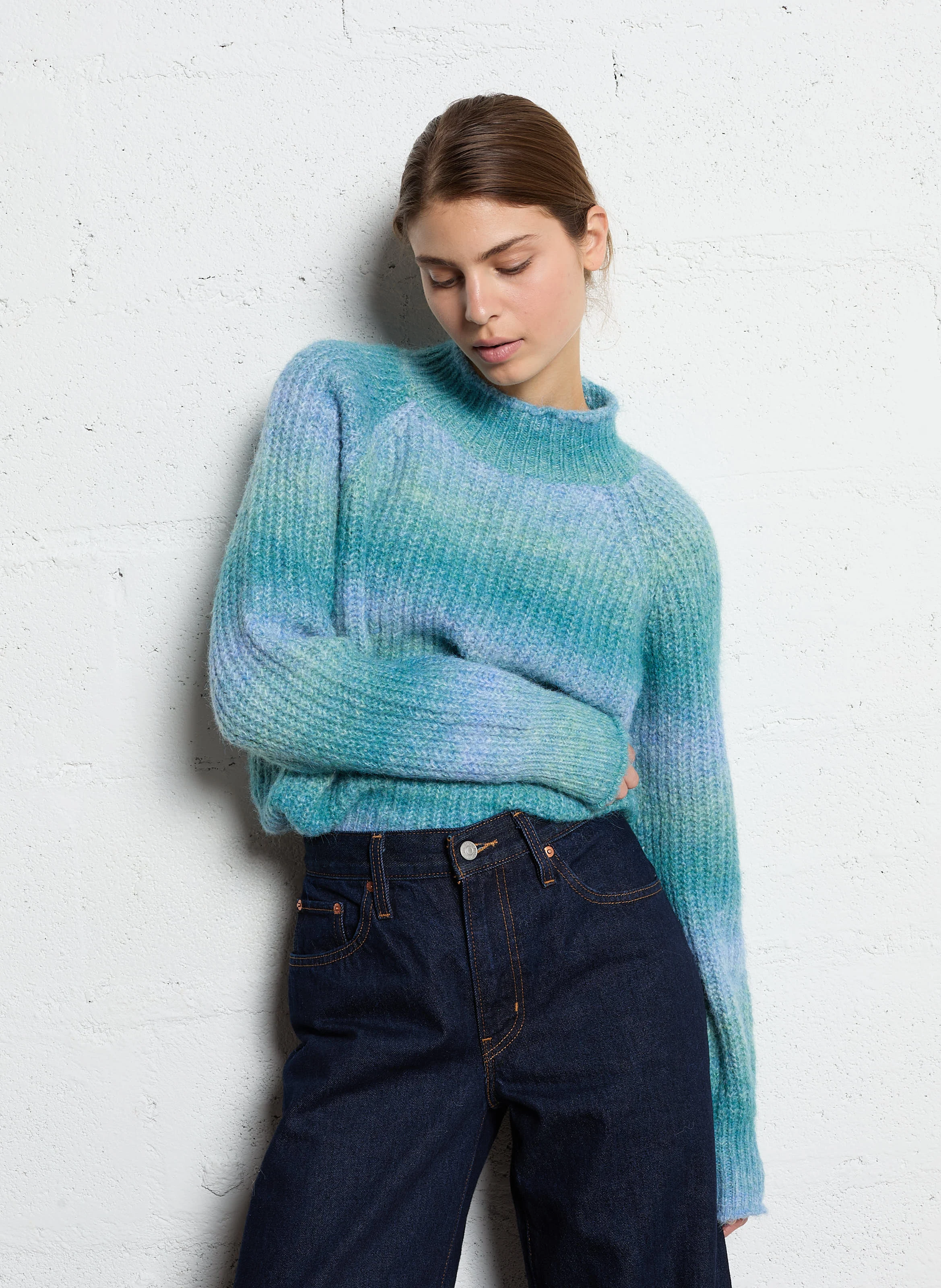 Pull col rond en maille rayé | Bleu