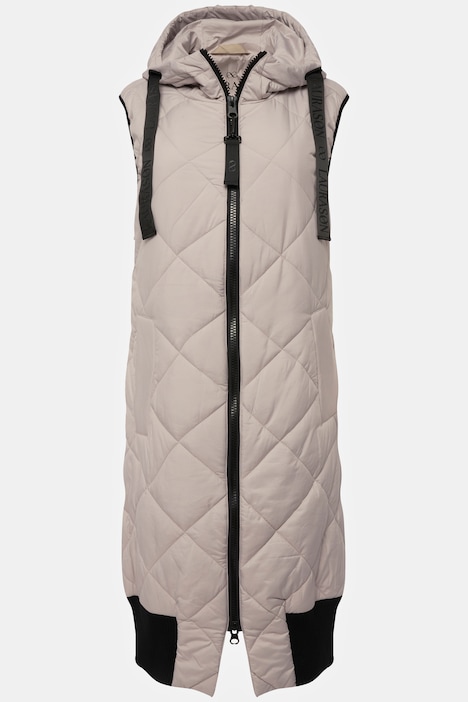 Steppweste, lange Form, Kapuze, 2-Wege-Zipper, Rippsaum