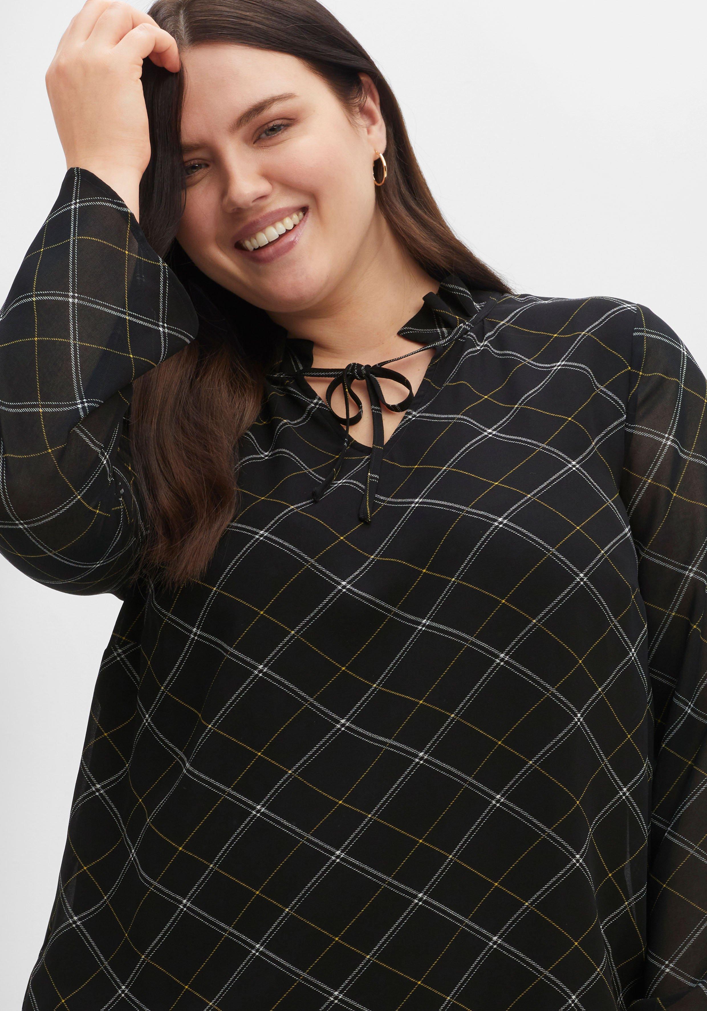 Tunika aus Chiffon, mit Stehkragen und Bindeband, kariert