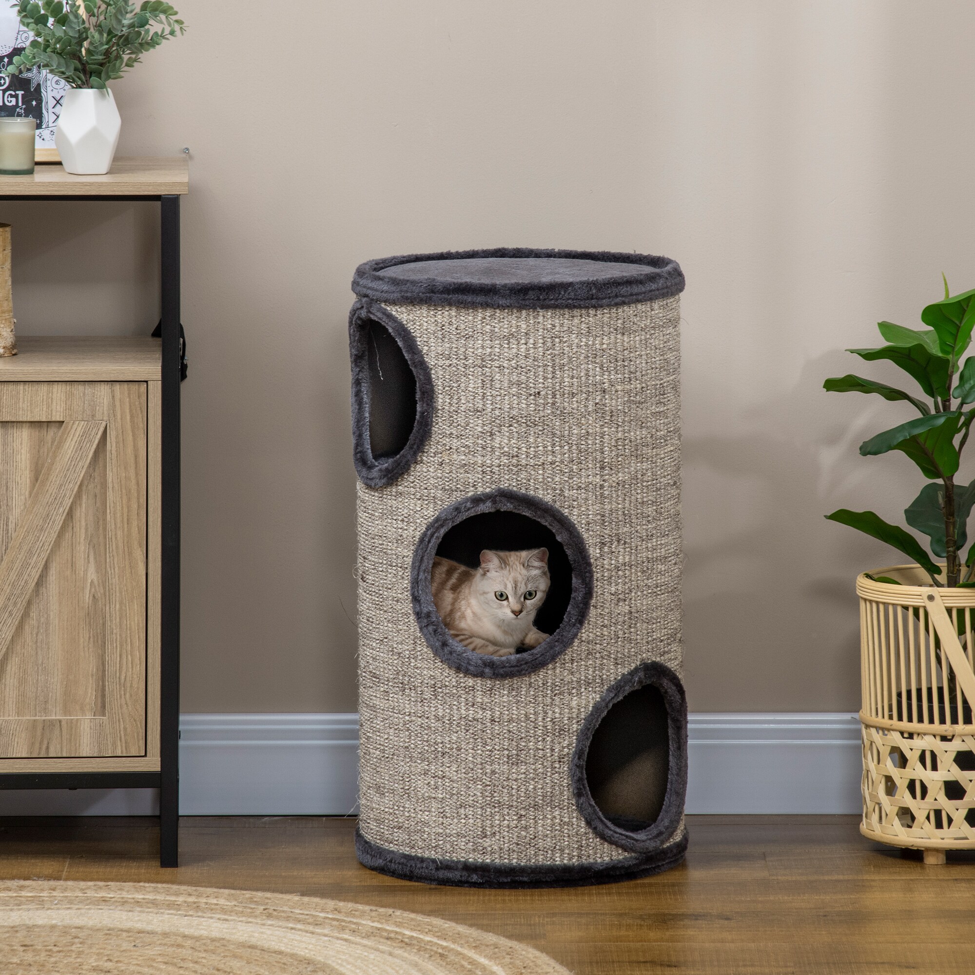 PawHut Kratztonne mit 3 Höhlen grau 38L x 38B x 70H cm