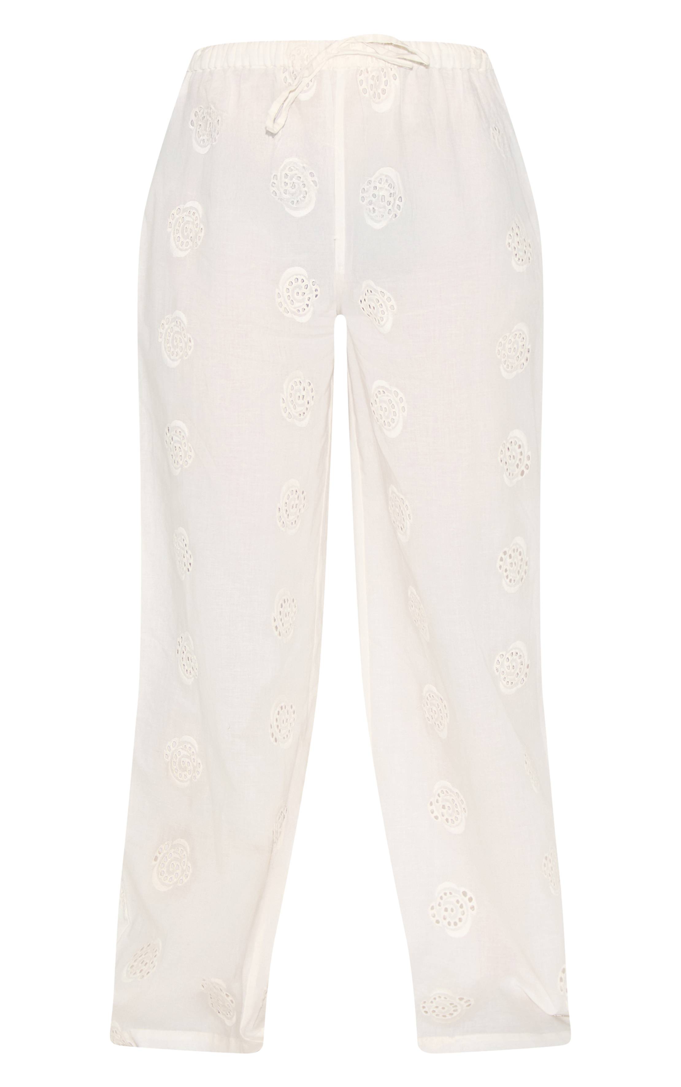 Blanc Pantalon Droit En Broderie Anglaise Avec Détails Tourbillons