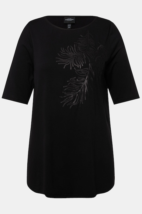 T-Shirt, Pailletten-Blatt, U-Boot-Ausschnitt, Halbarm
