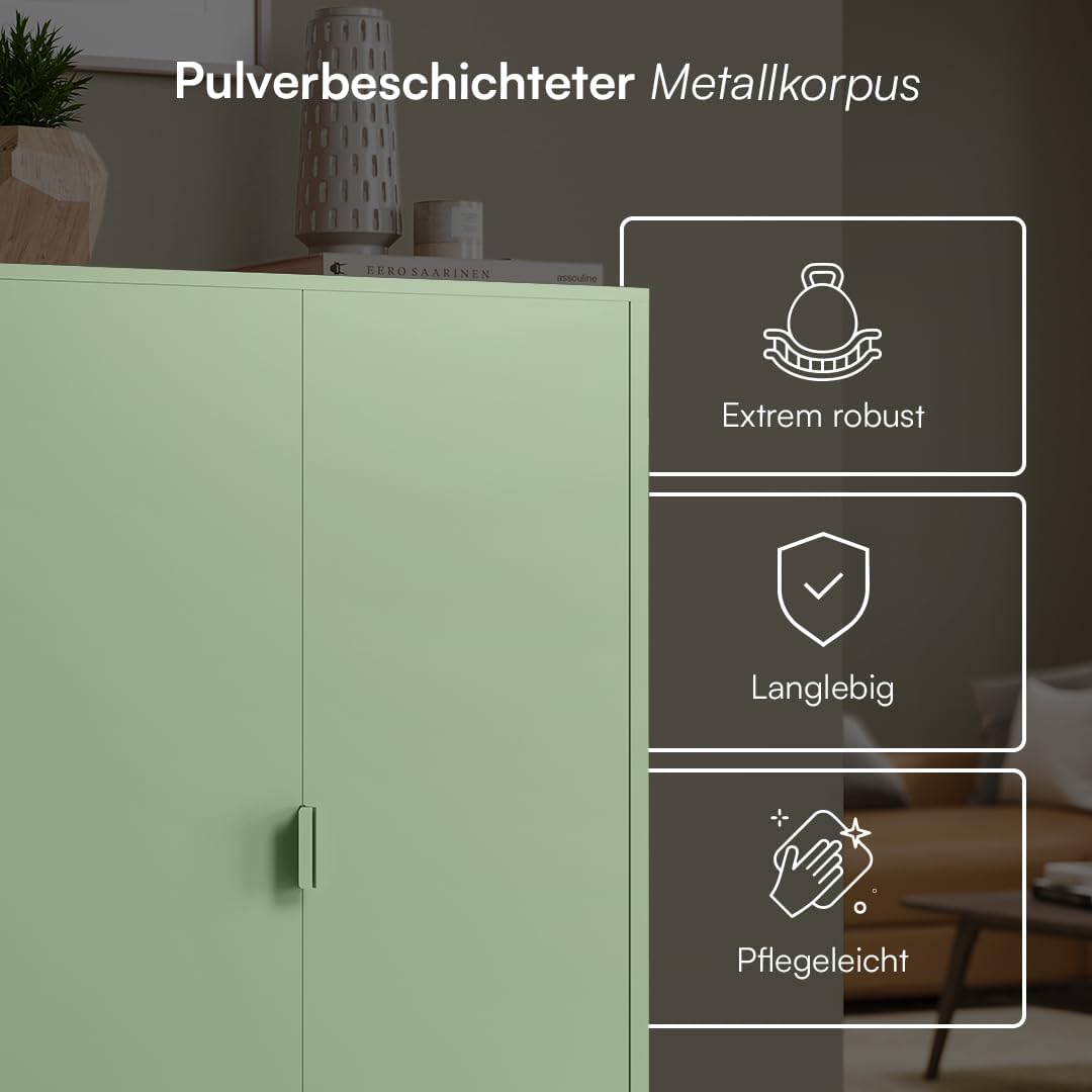 skølm Ituri Metall Kommode – Metallschrank mit 3 verstellbaren Fächern – Sideboard Wohnzimmer in Mintgrün – Aufbewahrungsschrank aus Stahl - Highboard im Industrial Design – Büroschrank/Flurschrank