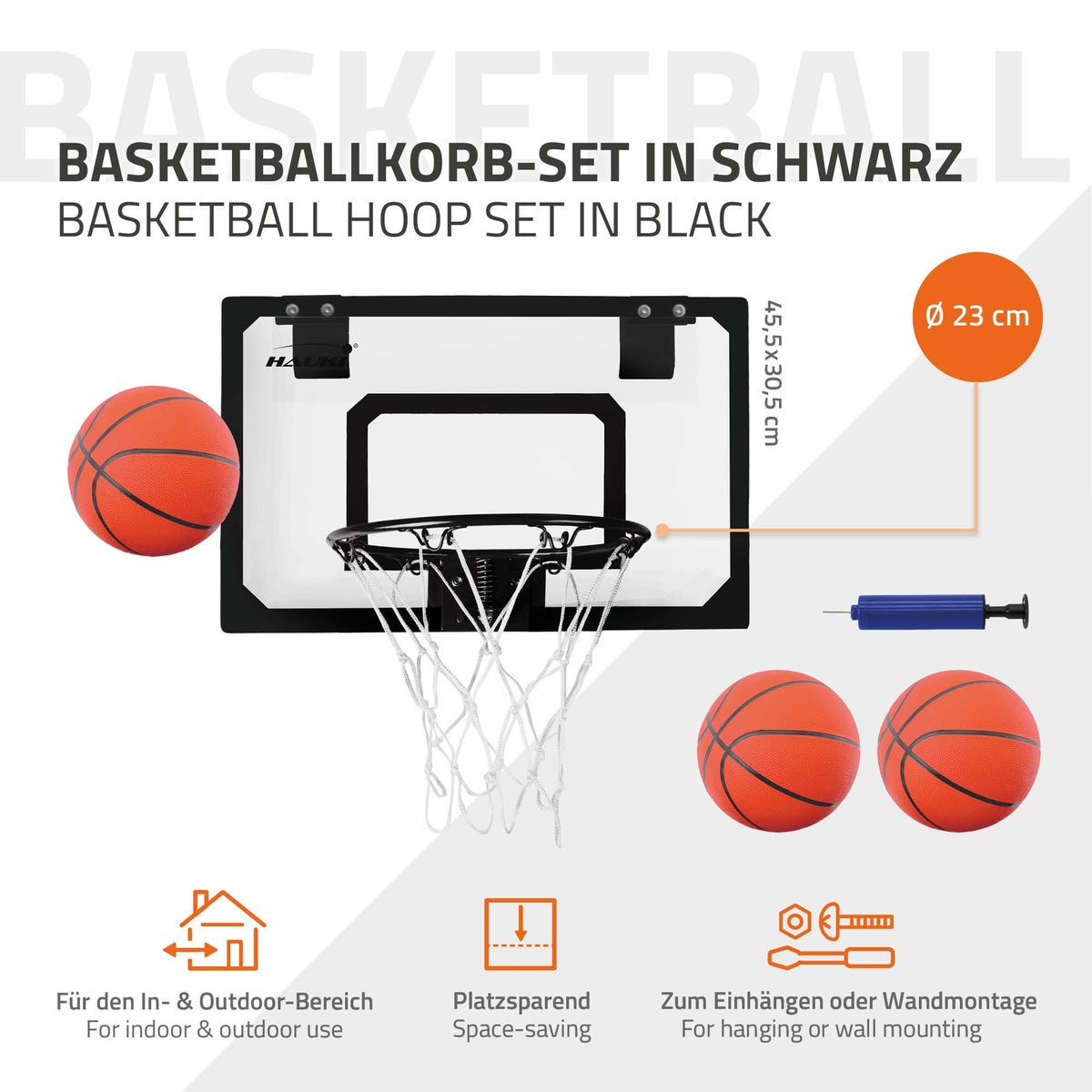Hauki Mini Basketbalringset voor gebruik in de kamer, 3 ballen (Ø16 cm), net, pomp, 45,5 x 30,5 cm, zwart, draagbaar, backboard voor deur-/muurmontage, geen boren vereist, hangende basketbalring voor binnen, hangend basketbalbackboard