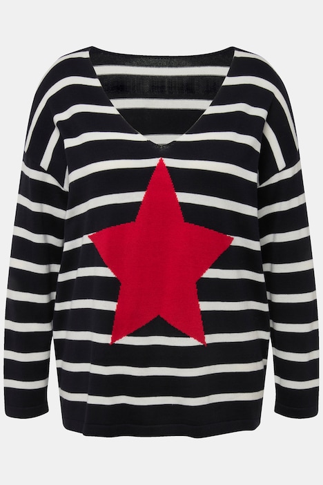 Pullover, Ringelstrick, Stern, V-Ausschnitt, Langarm