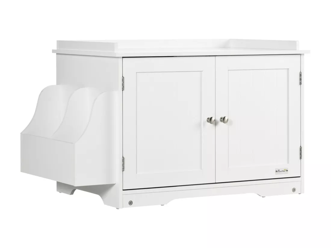 Maison de toilette pour chat table d'appoint 2 en 1 - 2 portes, cloison amovible, rangement latéral - blanc