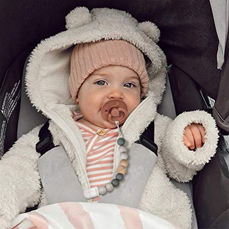 (27cm) Baby Nuggiband Perlen Schnullerkette mit Metall Clip - Grau / Weiss
