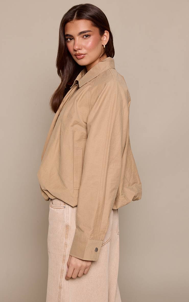 Beige Veste Bomber Zippée À Ourlet Froncé