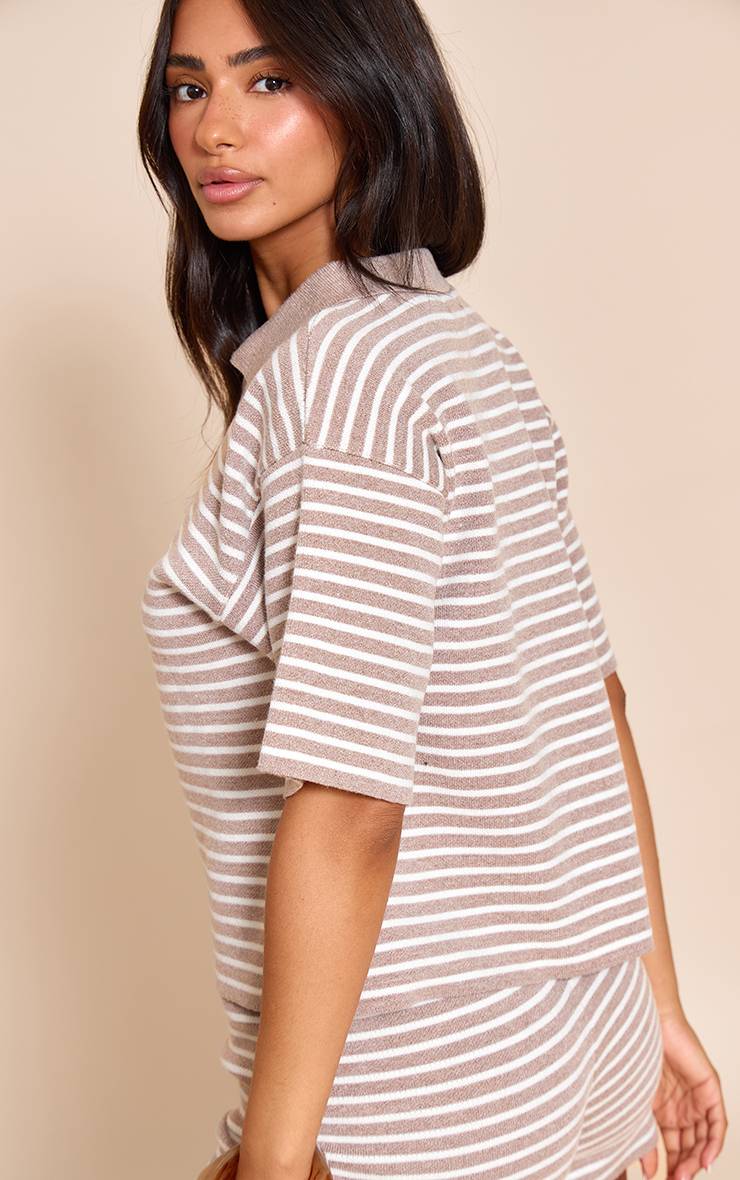 Taupe Haut Oversize À Col Rayé En Maille Petite