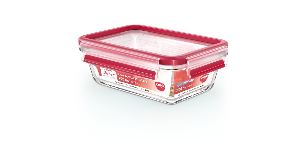 EmsaClip & Close Glazen vershoudbakje, 0,7 L doos  (Transparant/rood, rechthoekig)