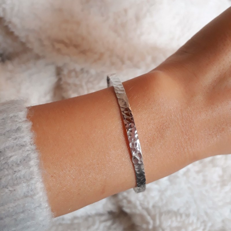 Jonc Bracelet Fin Argent Mode Tendance Martelé