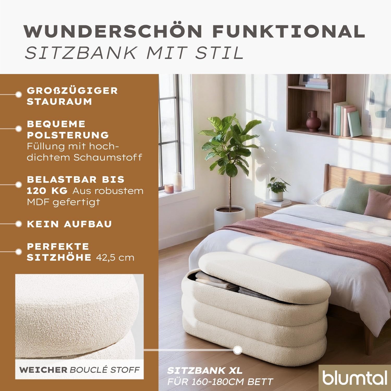 Blumtal Sitzbank mit Stauraum XL oval, Bouclé-Bezug - robuste Truhenbank mit Stauraum & Bouclé-Stoff-Bezug 110 x 45 x 42.5 cm - Truhe mit Stauraum - Schuhbank mit Sitzfläche - Pouf Hocker Creme