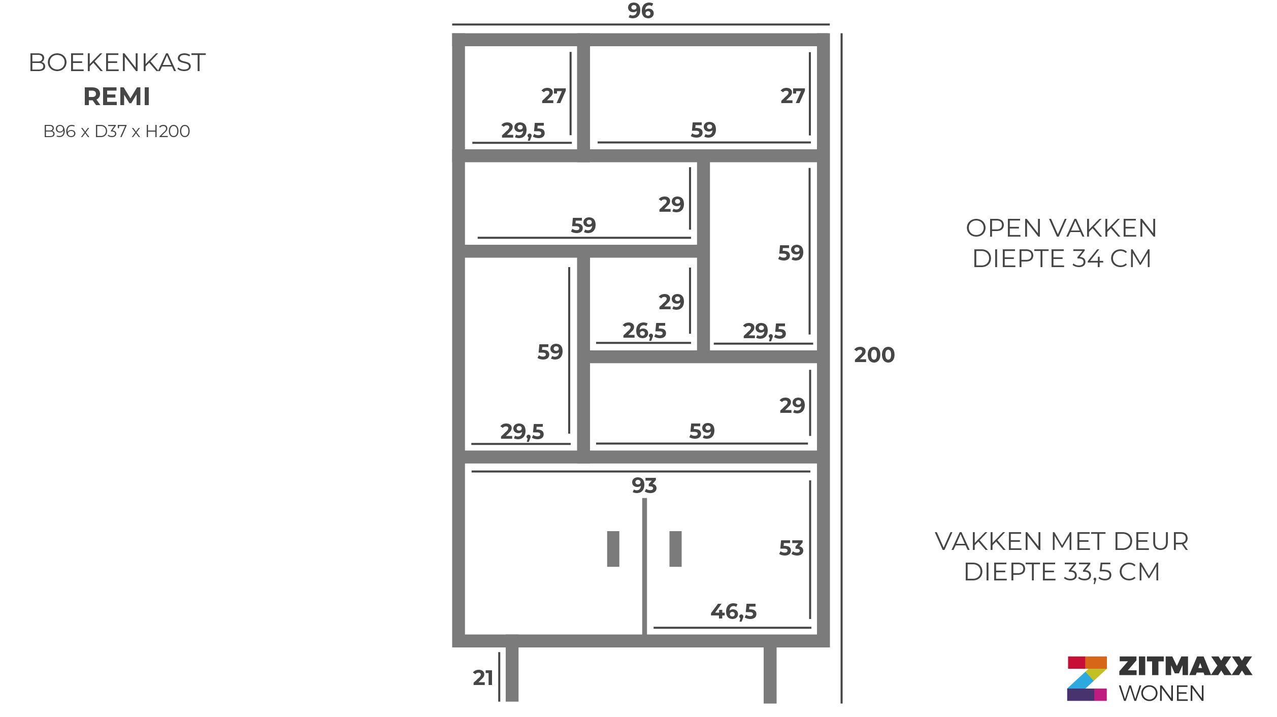 Boekenkast 95732 Remi B96 x D37 x H200 cm