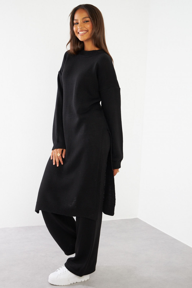 Ensemble 2 pièces pull long + pantalon en laine noir